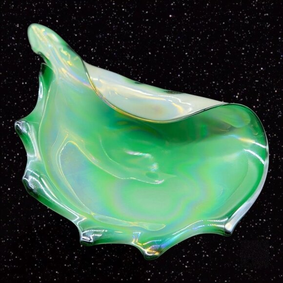 Unmarked Other - Polish Art Glass Folded Bowl Dish Glass Green Iridescent Poland Vintage 10”W 2”T